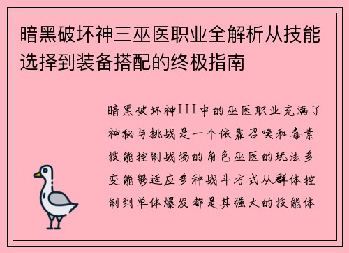 暗黑破坏神三巫医职业全解析从技能选择到装备搭配的终极指南
